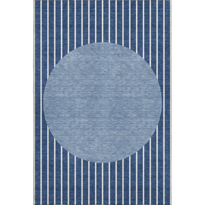 HomeRoots 8' X 10' Navy Blue & Ivory Striped Washable Area Rug – Durable, UV-Protected, Perfect for Kids & Pets! 678309