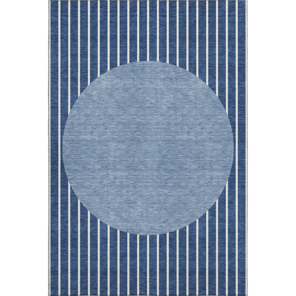 HomeRoots 8' X 10' Navy Blue & Ivory Striped Washable Area Rug – Durable, UV-Protected, Perfect for Kids & Pets! 678309