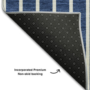 HomeRoots 8' X 10' Navy Blue & Ivory Striped Washable Area Rug – Durable, UV-Protected, Perfect for Kids & Pets! 678309