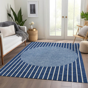 HomeRoots 8' X 10' Navy Blue & Ivory Striped Washable Area Rug – Durable, UV-Protected, Perfect for Kids & Pets! 678309