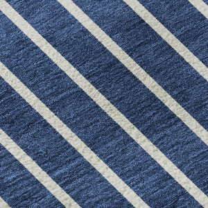 HomeRoots 8' X 10' Navy Blue & Ivory Striped Washable Area Rug – Durable, UV-Protected, Perfect for Kids & Pets! 678309