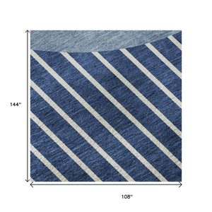 HomeRoots 9' X 12' Navy Blue & Ivory Striped Washable Area Rug - Durable, UV Protected, Stylish Design for Homes 678310