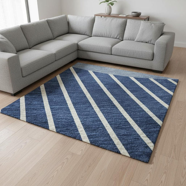 HomeRoots 9' X 12' Navy Blue & Ivory Striped Washable Area Rug - Durable, UV Protected, Stylish Design for Homes 678310