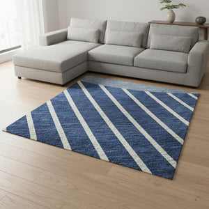 HomeRoots 10' Navy Blue and Ivory Striped Area Rug - Washable, Stain-Resistant, UV Protected for Living Spaces 678311