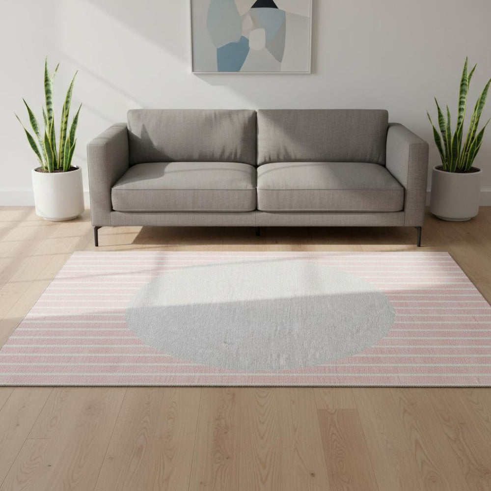 HomeRoots 5' X 8' Striped Area Rug in Pink, Ivory & Gray - Durable, Washable, UV Protected for Stylish Homes 678313