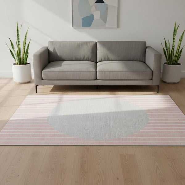 HomeRoots 5' X 8' Striped Area Rug in Pink, Ivory & Gray - Durable, Washable, UV Protected for Stylish Homes 678313