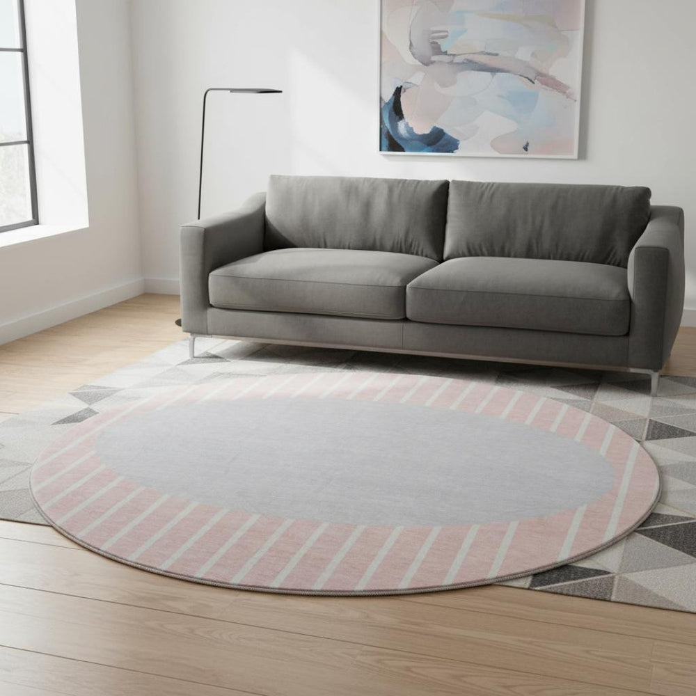 HomeRoots 8' Striped Washable Round Rug in Pink, Ivory & Gray – UV Protected, Durable, & Ideal for Busy Homes 678314