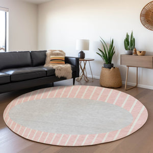 HomeRoots 8' Striped Washable Round Rug in Pink, Ivory & Gray – UV Protected, Durable, & Ideal for Busy Homes 678314