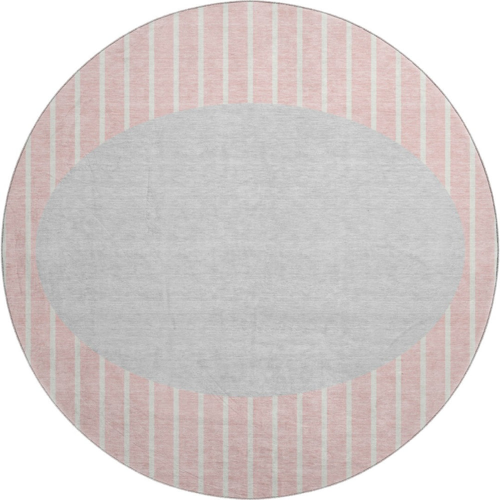 HomeRoots 8' Striped Washable Round Rug in Pink, Ivory & Gray – UV Protected, Durable, & Ideal for Busy Homes 678314