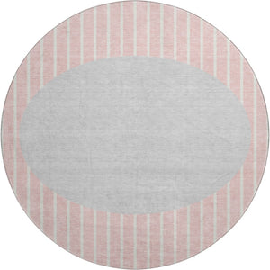 HomeRoots 8' Striped Washable Round Rug in Pink, Ivory & Gray – UV Protected, Durable, & Ideal for Busy Homes 678314