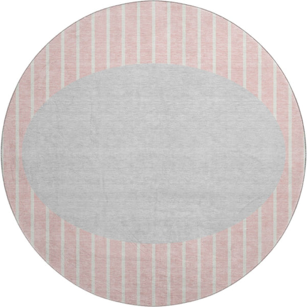 HomeRoots 8' Striped Washable Round Rug in Pink, Ivory & Gray – UV Protected, Durable, & Ideal for Busy Homes 678314