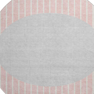 HomeRoots 8' Striped Washable Round Rug in Pink, Ivory & Gray – UV Protected, Durable, & Ideal for Busy Homes 678314