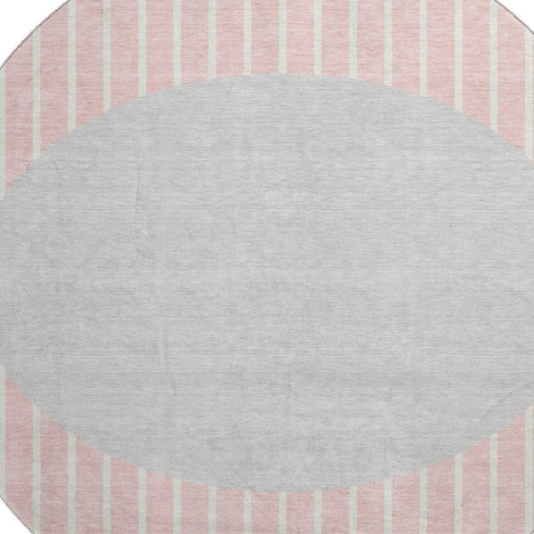 HomeRoots 8' Striped Washable Round Rug in Pink, Ivory & Gray – UV Protected, Durable, & Ideal for Busy Homes 678314