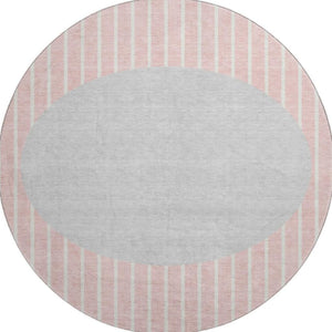 HomeRoots 8' Striped Washable Round Rug in Pink, Ivory & Gray – UV Protected, Durable, & Ideal for Busy Homes 678314