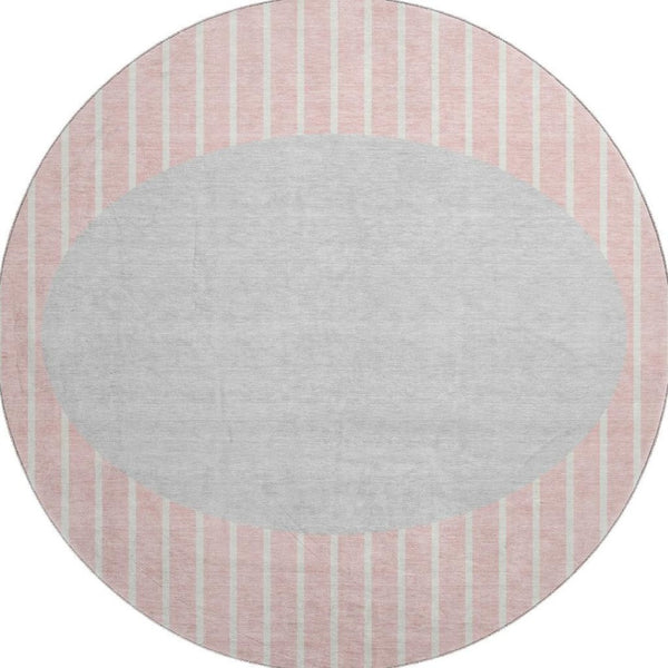 HomeRoots 8' Striped Washable Round Rug in Pink, Ivory & Gray – UV Protected, Durable, & Ideal for Busy Homes 678314