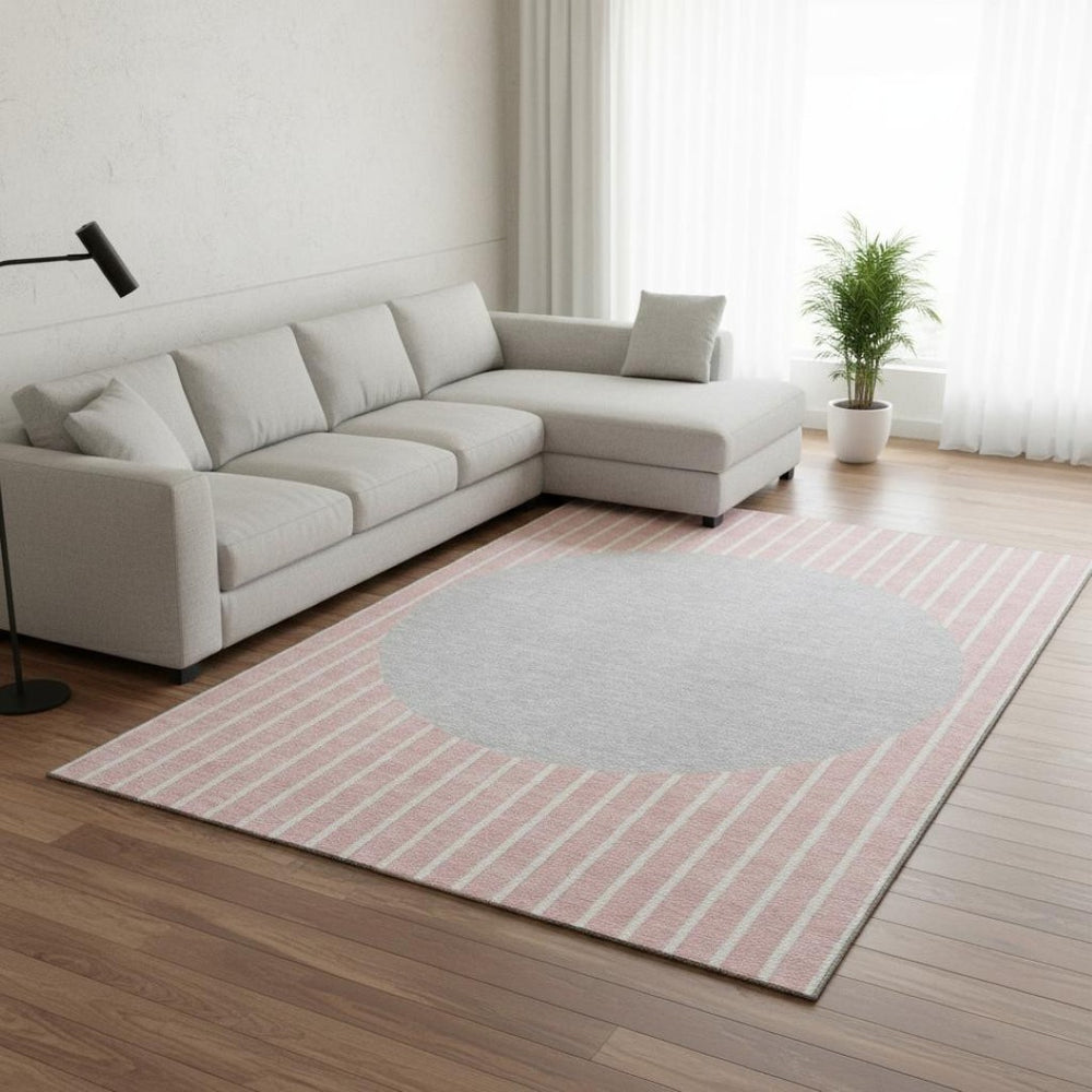 HomeRoots 8' X 10' Striped Washable Area Rug in Pink, Ivory & Gray - Durable, UV-Protected & Stain-Resistant! 678315