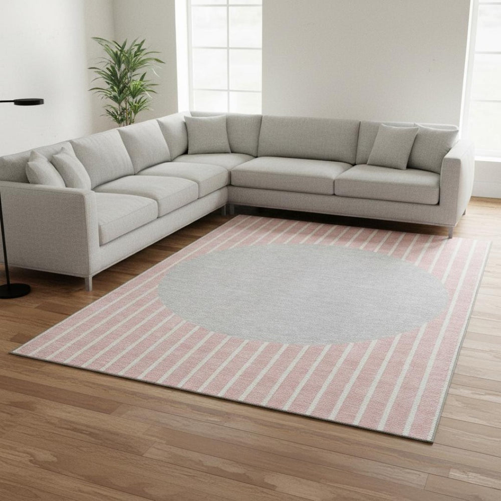 HomeRoots 9' X 12' Washable Pink Ivory Gray Striped Area Rug with UV Protection for Stylish, Easy Living Spaces 678316