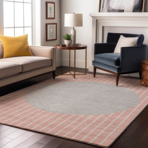 HomeRoots 10' Pink Ivory and Gray Striped Area Rug - Washable, UV Protected, Stain-Resistant for High-Traffic Areas 678317