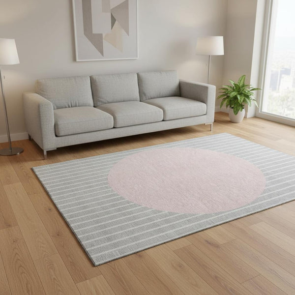 HomeRoots 5' X 8' Stylish Silver, Ivory & Pink Striped Washable Area Rug with UV Protection for Homes 678319