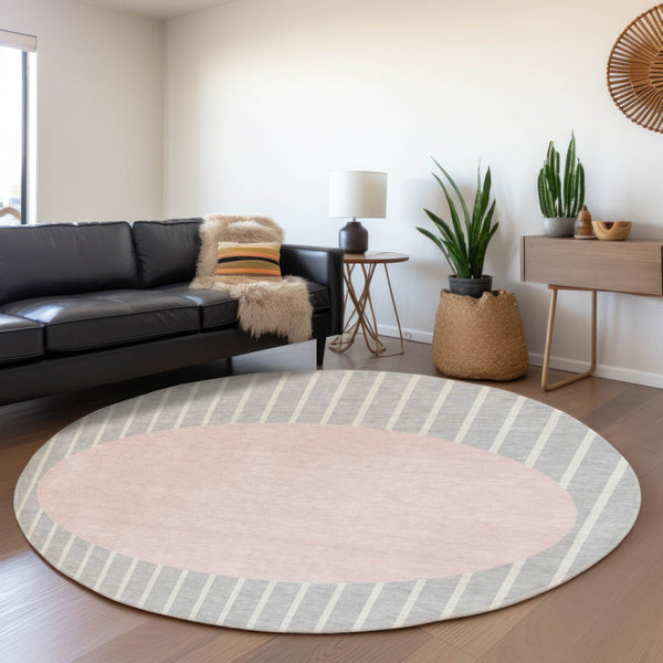 HomeRoots 8' Silver Ivory and Pink Striped Washable Round Rug – UV Protected, Stain-Resistant & Cozy Comfort! 678320