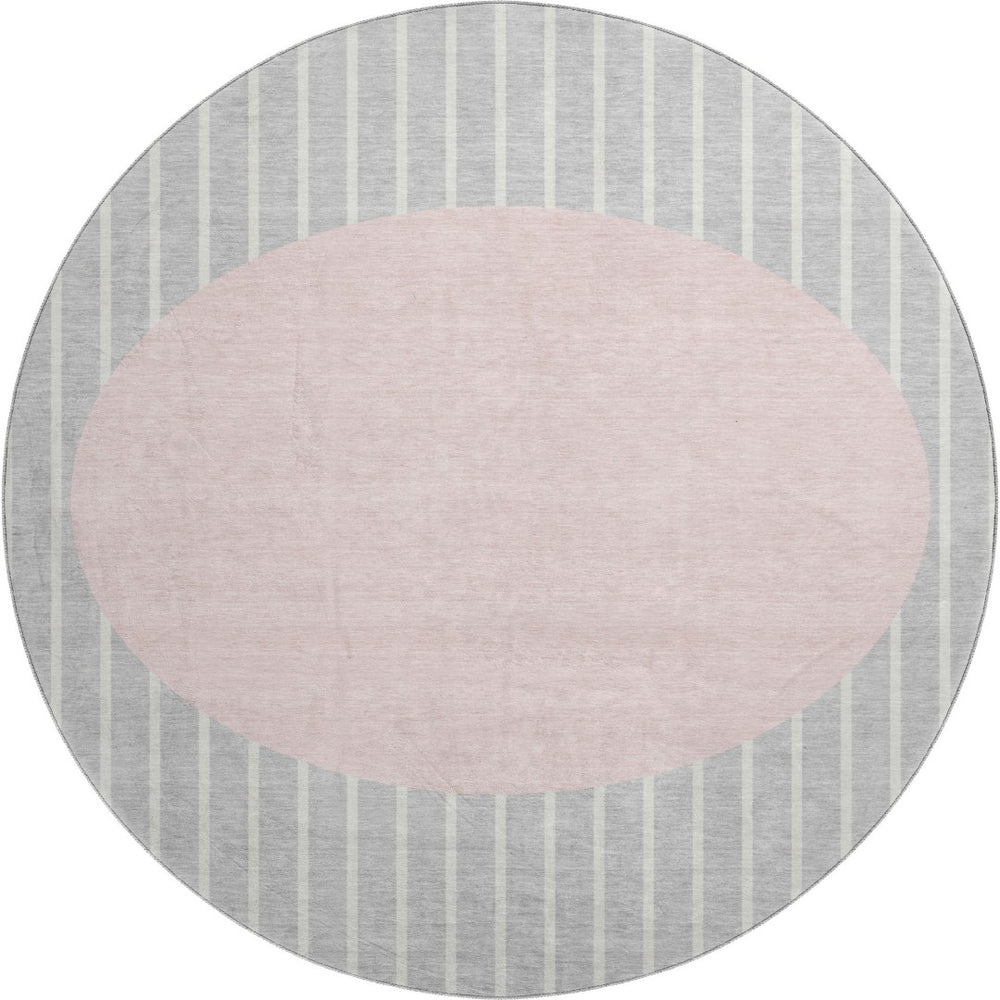 HomeRoots 8' Silver Ivory and Pink Striped Washable Round Rug – UV Protected, Stain-Resistant & Cozy Comfort! 678320