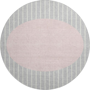 HomeRoots 8' Silver Ivory and Pink Striped Washable Round Rug – UV Protected, Stain-Resistant & Cozy Comfort! 678320