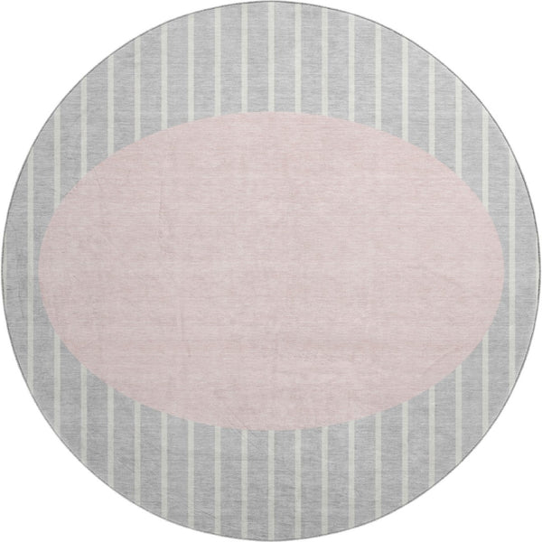 HomeRoots 8' Silver Ivory and Pink Striped Washable Round Rug – UV Protected, Stain-Resistant & Cozy Comfort! 678320