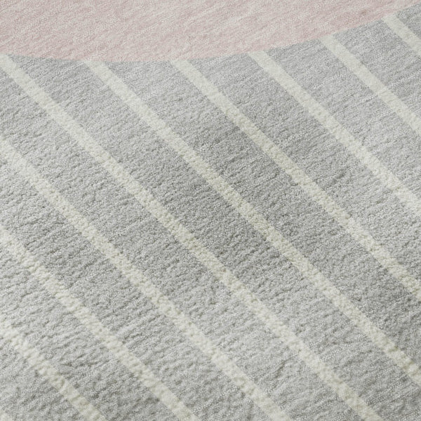HomeRoots 8' Silver Ivory and Pink Striped Washable Round Rug – UV Protected, Stain-Resistant & Cozy Comfort! 678320