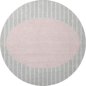 HomeRoots 8' Silver Ivory and Pink Striped Washable Round Rug – UV Protected, Stain-Resistant & Cozy Comfort! 678320