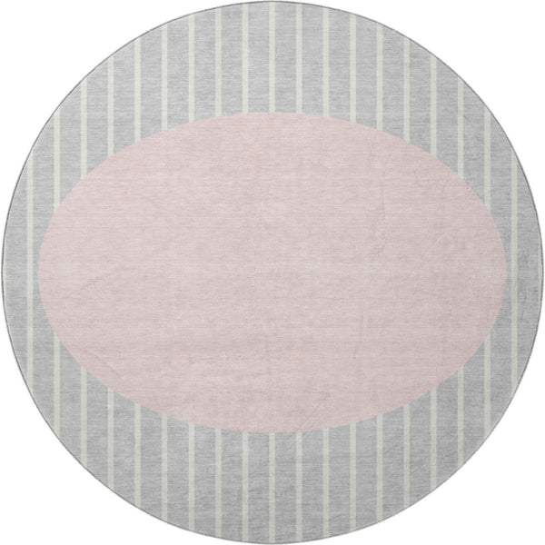 HomeRoots 8' Silver Ivory and Pink Striped Washable Round Rug – UV Protected, Stain-Resistant & Cozy Comfort! 678320