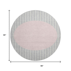 HomeRoots 8' Silver Ivory and Pink Striped Washable Round Rug – UV Protected, Stain-Resistant & Cozy Comfort! 678320