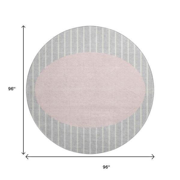 HomeRoots 8' Silver Ivory and Pink Striped Washable Round Rug – UV Protected, Stain-Resistant & Cozy Comfort! 678320