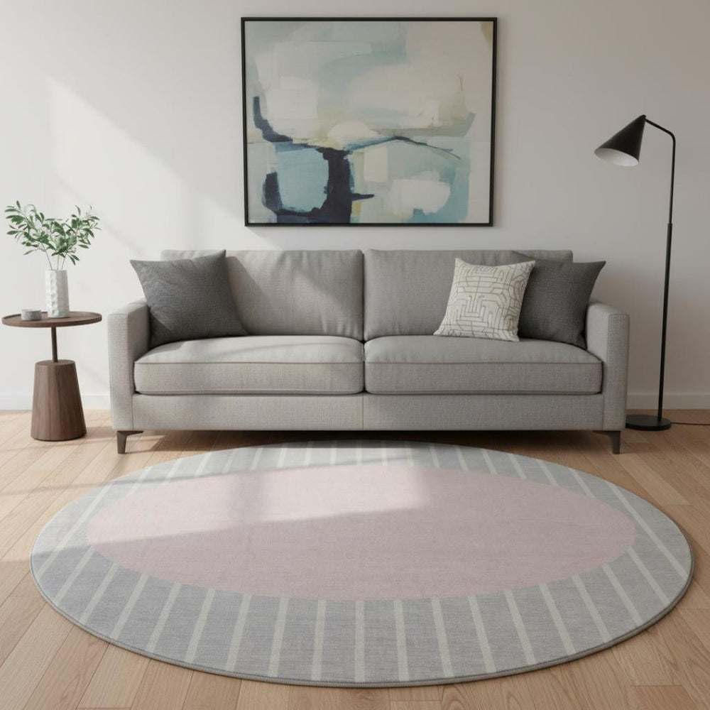 HomeRoots 8' Silver Ivory and Pink Striped Washable Round Rug – UV Protected, Stain-Resistant & Cozy Comfort! 678320