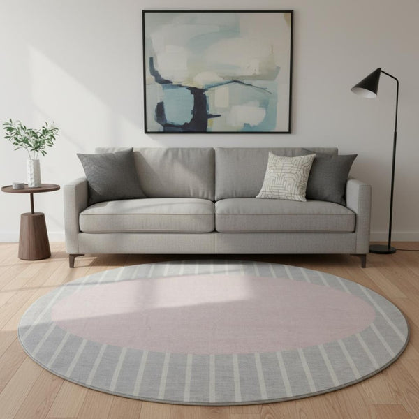 HomeRoots 8' Silver Ivory and Pink Striped Washable Round Rug – UV Protected, Stain-Resistant & Cozy Comfort! 678320
