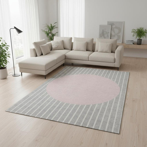 HomeRoots 8' X 10' Silver Ivory Pink Striped Area Rug - Durable, Washable, UV Protected for Modern Homes 678321