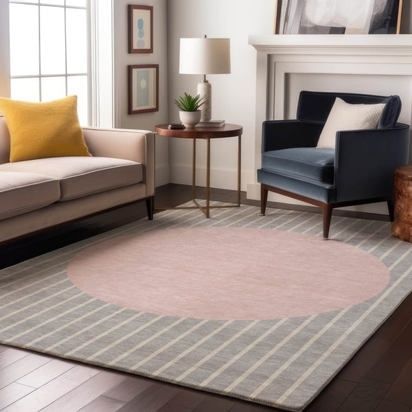 HomeRoots 8' X 10' Silver Ivory Pink Striped Area Rug - Durable, Washable, UV Protected for Modern Homes 678321