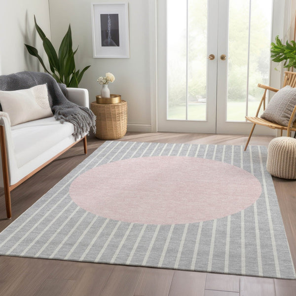 HomeRoots 8' X 10' Silver Ivory Pink Striped Area Rug - Durable, Washable, UV Protected for Modern Homes 678321