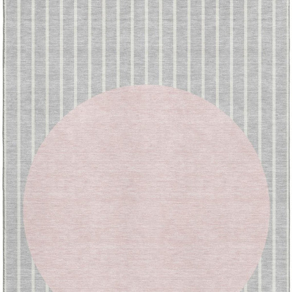HomeRoots 8' X 10' Silver Ivory Pink Striped Area Rug - Durable, Washable, UV Protected for Modern Homes 678321
