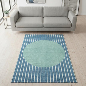 HomeRoots 5' Teal Ivory Aqua Striped Washable Area Rug - UV Protected, Durable, Soft & Stylish for Any Room 678325