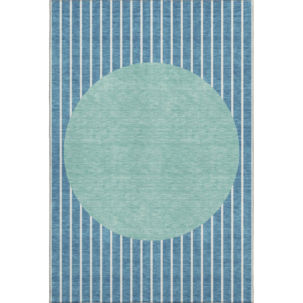 HomeRoots 5' Teal Ivory Aqua Striped Washable Area Rug - UV Protected, Durable, Soft & Stylish for Any Room 678325