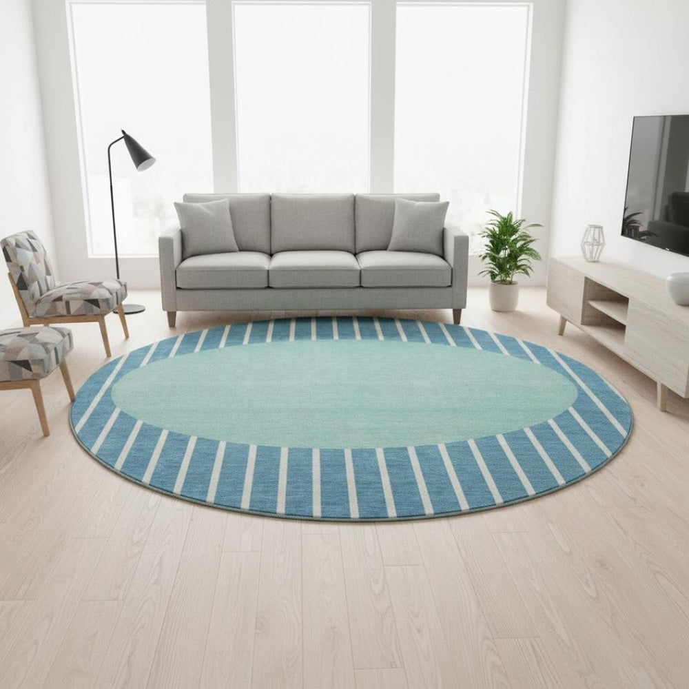 HomeRoots 8' Teal Ivory Aqua Striped Washable Round Rug - UV Protection, Durable, Stylish for Any Space 678326