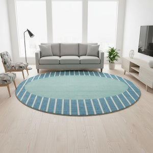 HomeRoots 8' Teal Ivory Aqua Striped Washable Round Rug - UV Protection, Durable, Stylish for Any Space 678326