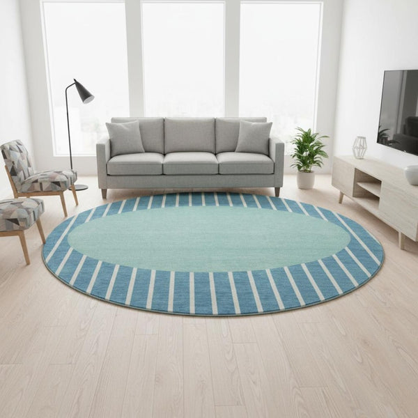 HomeRoots 8' Teal Ivory Aqua Striped Washable Round Rug - UV Protection, Durable, Stylish for Any Space 678326