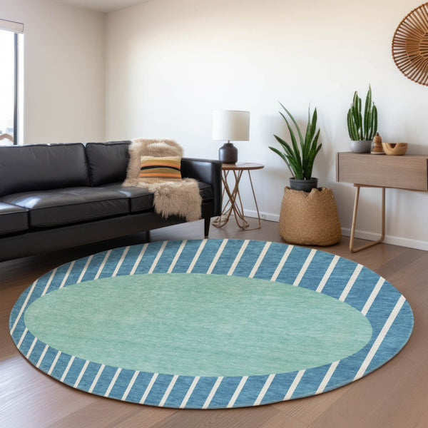 HomeRoots 8' Teal Ivory Aqua Striped Washable Round Rug - UV Protection, Durable, Stylish for Any Space 678326
