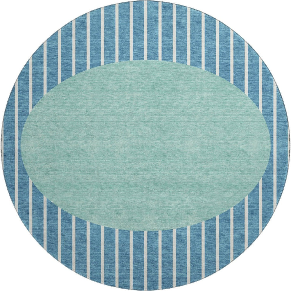 HomeRoots 8' Teal Ivory Aqua Striped Washable Round Rug - UV Protection, Durable, Stylish for Any Space 678326