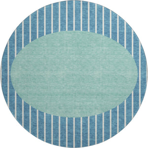 HomeRoots 8' Teal Ivory Aqua Striped Washable Round Rug - UV Protection, Durable, Stylish for Any Space 678326