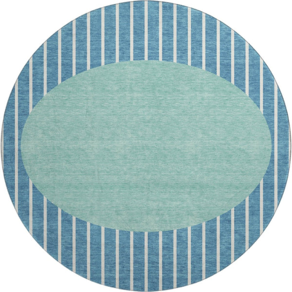 HomeRoots 8' Teal Ivory Aqua Striped Washable Round Rug - UV Protection, Durable, Stylish for Any Space 678326