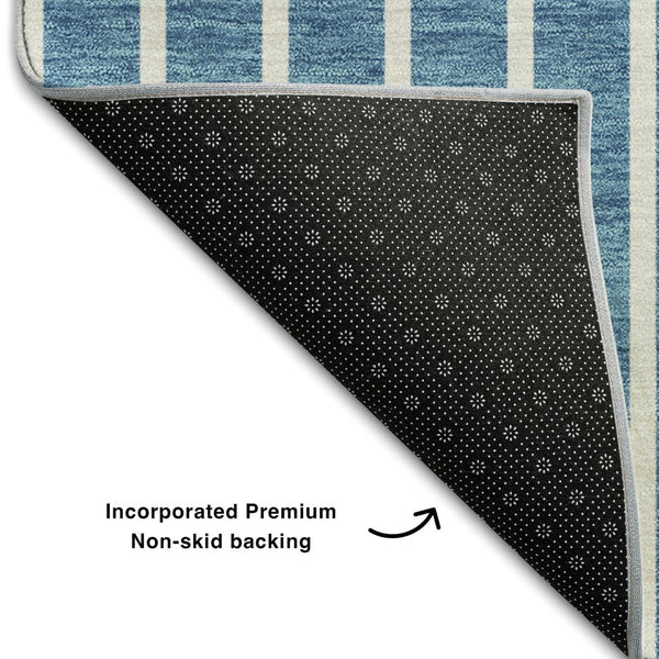 HomeRoots 8' Teal Ivory Aqua Striped Washable Round Rug - UV Protection, Durable, Stylish for Any Space 678326