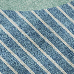 HomeRoots 8' Teal Ivory Aqua Striped Washable Round Rug - UV Protection, Durable, Stylish for Any Space 678326