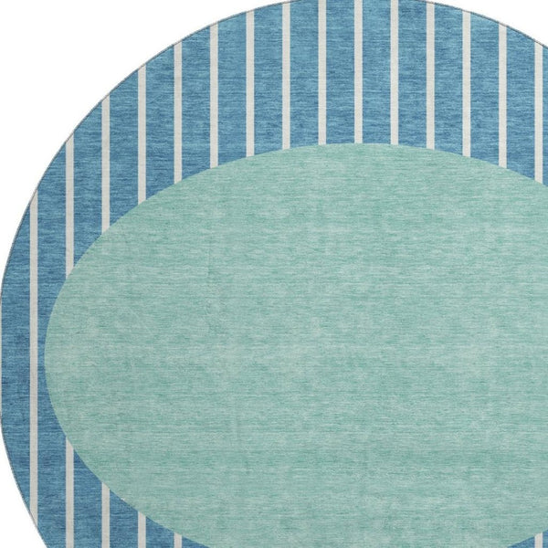 HomeRoots 8' Teal Ivory Aqua Striped Washable Round Rug - UV Protection, Durable, Stylish for Any Space 678326